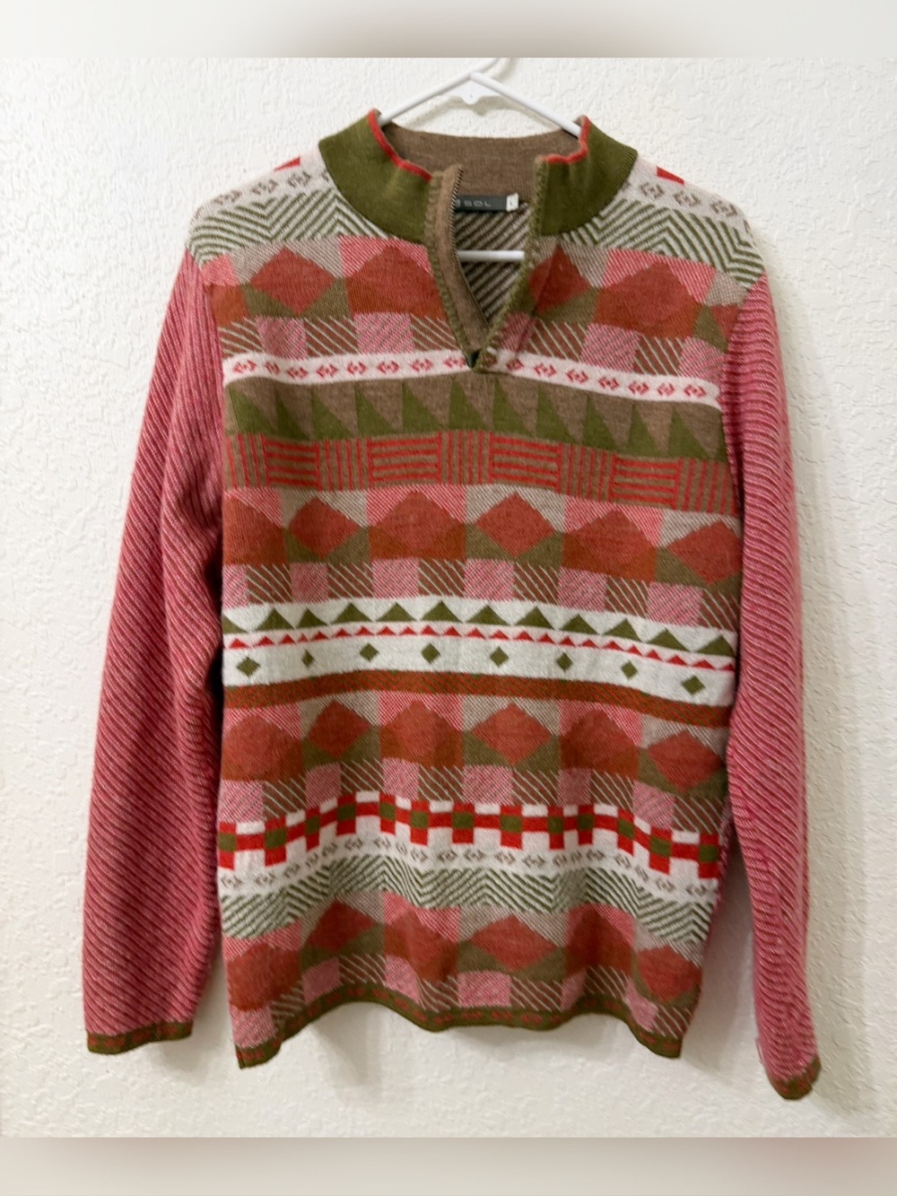 SOL Baby Alpaca Zip-Neck Patterned Knit Sweater - L